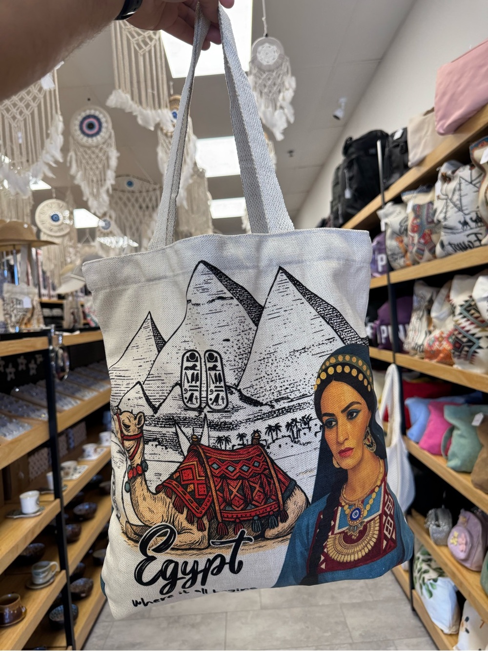 Egyptian Canvas Tote Bag with Camel & Portrait - White